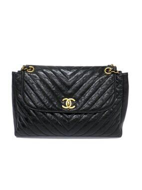 Chanel Chevron Classic Black Chain Shoulder Bag CC Logo Gold